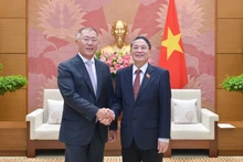 El vicepresidente de la Asamblea Nacional de Vietnam Nguyen Duc Hai recibe al presidente de Hyundai Motor Group, Chung Eui Sun. (Fotografía: daibieunhandan.vn)