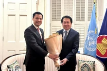 El embajador Dang Hoang Giang, representante permanente de Vietnam ante la ONU, felicita a su par laosiano, embajador Anouparb Vongnorkeo. (Foto: VNA)