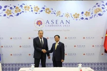 El ministro de Relaciones Exteriores de Vietnam, Bui Thanh Son y su homólogo ruso, Sergei Lavrov, en su reunión en Phnom Penh el 12 de noviembre (Fotografía: VNA)