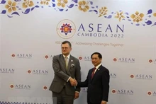 El ministro de Relaciones Exteriores de Vietnam, Bui Thanh Son (D), y su homólogo ucraniano, Dmytro Kuleba. (Fotografía: VNA)