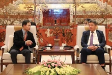 El vicepresidente del Comité Popular de Hanoi Nguyen Manh Quyen recibe al director general de Techcross, Kim Jung Chul. (Foto:VNA)
