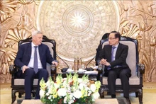 El jefe de la Comisión de Asuntos Exteriores del PCV, Le Hoai Trung (derecha), conversa con el primer viceministro de Asuntos Exteriores de Rusia, Vladimir Titov. (Foto: VOV)