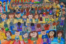 Una pintura titulada "Comedor feliz"