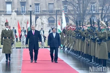 Los dirigentes revisan la guardia de honor del Ejército de Hungría.
