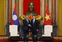 El presidente Luong Cuong (derecha) recibe al primer ministro de Laos, Sonexay Siphandone, en el marco de la Cumbre P4G en Hanói (Foto: VNA)