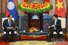 El presidente vietnamita, Luong Cuong (derecha) recibe al primer ministro de Laos, Sonexay Siphandone (Foto: Nhan Dan)