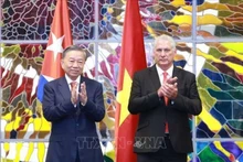 El secretario general del Partido Comunista de Vietnam y presidente del país, To Lam, y el presidente de Cuba, Miguel Díaz Canel Bermúdez, en la firma de documentos de cooperación entre ambos países. (Foto:VNA)