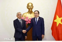 El presidente de la Asamblea Nacional de Vietnam, Tran Thanh Man, recibe al vicepresidente de la Asamblea Nacional de Laos, Sommad Pholsena, (Foto: VNA)