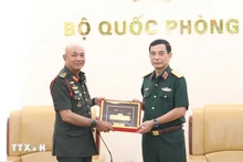 El general Phan Van Giang, ministro de Defensa de Vietnam, recibe al general Tan Sri Datuk Seri Mohammad bin Ab Rahman, comandante de las Fuerzas de Defensa de Malasia. (Foto: VNA)