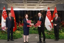 El secretario general del Partido Comunista de Vietnam, To Lam, y el primer ministro de Singapur, Lawrence Wong, presencian el intercambio de la Carta de Intención. (Foto: VNA)
