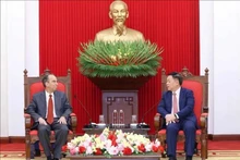 Nguyen Trong Nghia, miembro del Buró Político, secretario del Comité Central del Partido Comunista de Vietnam (PCV) y jefe de su Comisión de Comunicación y Educación, recibe al embajador de Cuba en Vietnam, Rogelio Polanco Fuentes. (Foto: VNA)