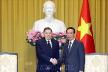 El presidente de Vietnam, Vo Van Thuong (derecha), recibe al titular de la Corte Suprema de Rusia, Lebedev Vyacheslav Mikhailovich. (Fotografía: VNA)