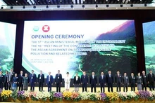 Los delegados que asistieron a la ceremonia de apertura de la XVII Reunión de Ministros de Medio Ambiente de la Asean (AMME17) tomaron fotos de recuerdo. (Fotografía: VNA)
