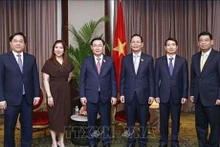 El presidente de la Asamblea Nacional de Vietnam, Vuong Dinh Hue (tercero de izquierda a derecha), en el encuentro con Emmie Perez-Chiong, presidenta y directora ejecutiva de la corporación filipina de comercio internacional PITC (Fotografía: VNA)