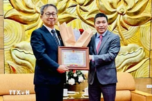 El presidente de la VUFO, Phan Anh Son, entrega medalla conmemorativa al embajador japonés, Yamada Takio. (Fotografía: VNA)