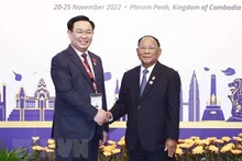 El presidente de la Asamblea Nacional de Vietnam, Vuong Dinh Hue, y su homólogo camboyano Sandech Heng Samrin. (Fotografía: VNA)