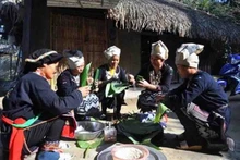 Los compatriotas de la etnia Dao empaquetan el pastel de arroz glutinoso para el Tet. (Fotografía: dantocmiennui.vn)
