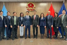 Dang Hoang Giang, jefe de la delegación permanente de Vietnam ante las (quinto, desde la derecha), y Nguyen Ngoc Luong, secretario permanente del Comité Central de la UJCHCM (quinto, desde la izquierda), en una sesión de trabajo en Nueva York. (Fotogtrafía: VNA)
