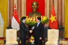 El presidente vietnamita Luong Cuong (derecha) se reunió con el primer ministro singapurense, Lawrence Wong. 