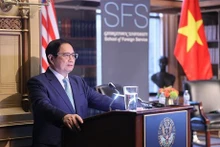 El primer ministro de Vietnam, Pham Minh Chinh, pronuncia un discurso en la Universidad de Georgetown. (Foto: VNA)