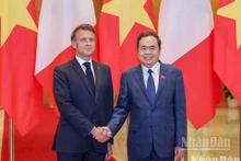 El presidente de la Asamblea Nacional de Vietnam, Tran Thanh Man (derecha), saluda al presidente de Francia, Emmanuel Macron (Foto: VNA)