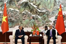 El presidente del Tribunal Popular Supremo de Vietnam, Nguyen Hoa Binh, sostiene conversaciones con su homólogo chino, Zhang Jun. (Foto: VNA)
