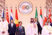 El príncipe heredero y primer ministro de Arabia Saudita, Mohammed bin Salman, da la bienvenida al primer ministro de Vietnam, Pham Minh Chinh, y jefes de delegaciones de otros países. (Foto: VNA)