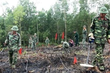 Soldados vietnamitas en trabajo de limpieza de bombas y minas (Foto: VNA)