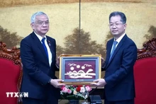 El secretario del Comité del Partido de la ciudad de Da Nang, Nguyen Van Quang (derecha), entregó un recuerdo al vicepresidente de la Asamblea Nacional de Laos, Sommad Pholsena. (Foto: VNA)