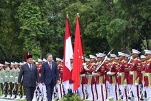 El secretario general del Partido Comunista de Vietnam, To Lam (derecha), y el presidente de Indonesia, Prabowo Subianto, pasan revista a la guardia de honor (Foto: VNA)