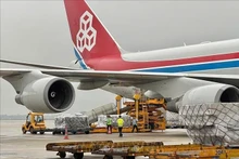 Los bienes patrocinados por la Organización Samaritan's Purse y el Gobierno suizo para las provincias de Yen Bai, Lao Cai y Cao Bang dañadas por el impacto del tifón Yagi son transportados al aeropuerto de Noi Bai (Hanói), el 16 de septiembre de 2024. (Foto: VNA)