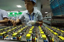 Ensamblaje de componentes electrónicos para la industria de imprentas en la empresa Chee Yuen Vietnam, de inversión de Taiwán (China), en el Parque Industrial de An Duong, en el distrito de An Duong. (Fotografía: VNA)