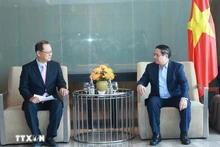 El primer ministro de Vietnam, Pham Minh Chinh (derecha), se reúne con un representante de la compañía Hyosung Vina. (Fotografía: VNA)