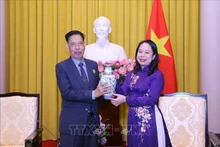 La vicepresidenta de Vietnam, Vo Thi Anh Xuan, recibe a Nhem Valy, vicepresidente permanente y secretario general del Consejo Nacional del Frente de Solidaridad para el Desarrollo de la Patria de Camboya. (Fotografía: VNA)