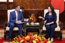 La vicepresidenta de Vietnam, Vo Thi Anh Xuan, recibe al embajador sueco, Johan Ndisi. (Fotografía: VNA)