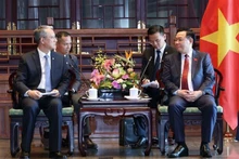 El presidente de la Asamblea Nacional de Vietnam, Vuong Dinh Hue (derecha), recibe al director general del grupo de construcción eléctrica Power China, Wang Bin. (Fotografía: VNA)