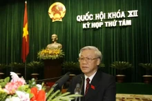 El secretario general del PCV, Nguyen Phu Trong, pronuncia un discurso en la clausura del octavo período de sesiones de la Asamblea Nacional de la XII legislatura. (Fotografía: VNA)