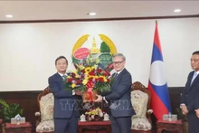 El embajador de Vietnam en Laos, Nguyen Minh Tam, entrega flores para felicitar el 49 aniversario del Día Nacional de Laos al ministro de Relaciones Exteriores de ese país, Thongsavanh Phomvihane. (Fotografía: VNA)