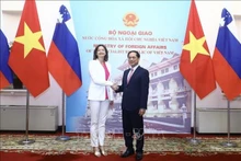 El canciller vietnamita, Bui Thanh Son, recibe a la vice primera ministra y titular de Asuntos Exteriores y Europeos de Eslovenia, Tanja Fajon. (Fotografía: VNA)