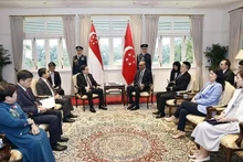 El titular de la Asamblea Nacional de Vietnam, Tran Thanh Man, se reúne con el presidente de Singapur, Tharman Shanmugaratnam. (Fotografía: VNA)