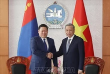 El secretario general del Partido Comunista y presidente de Vietnam, To Lam (derecha), se reúne con el primer ministro de Mongolia, Luvsannamsrain Oyun-Erdene. (Fotografía: VNA)