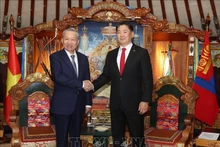 El secretario general del Partido Comunista y presidente de Vietnam, To Lam, se reúne con el presidente mongol, Ukhnaagiin Khurelsukh. (Fotografía: VNA)
