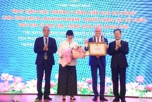 El secretario del Comité del Partido Comunista en Da Nang, Nguyen Van Quang, otorga el premio “Dedicación a Da Nang” al profesor Erich Johann Lejeune. (Fotografía: Anh Dao)