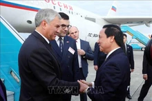 El vicepresidente de la Asamblea Nacional Nguyen Khac Dinh recibe al presidente de la Duma Estatal de la Federación de Rusia, V.V. Volodin en el aeropuerto internacional de Noi Bai. (Fotografía: VNA)