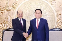 El miembro del Buró Político, secretario del Comité Central del Partido Comunista de Vietnam y jefe de su Comisión de Propaganda y Educación, Nguyen Trong Nghia (derecha), recibe al embajador indio, Sandeep Arya. (Fotografía: VNA)