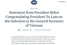 El presidente de EE. UU., Joe Biden, felicita al secretario general del Partido Comunista y presidente de Vietnam, To Lam, en el sitio web de la Casa Blanca.