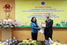 La ministra de Salud Pública de Vietnam, Dao Hong Lan, entrega la insignia al experto nipón. (Fotografía: Nhan Dan)