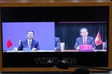 Dirigentes de Ciudad Ho Chi Minh y Shanghái sostienen la reunión en línea. (Fotografía: VNA)