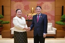 El vicepresidente de la Asamblea Nacional de Vietnam Nguyen Duc Hai recibe a la vicepresidenta del Consejo Popular de Vientián, Lamphoy Siakkhachanh. (Fotografía: VNA)