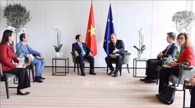 El viceprimer ministro vietnamita Bui Thanh Son se entrevista con el comisario europeo de Asociaciones Internacionales, Jozef Sikela. (Foto: VNA)